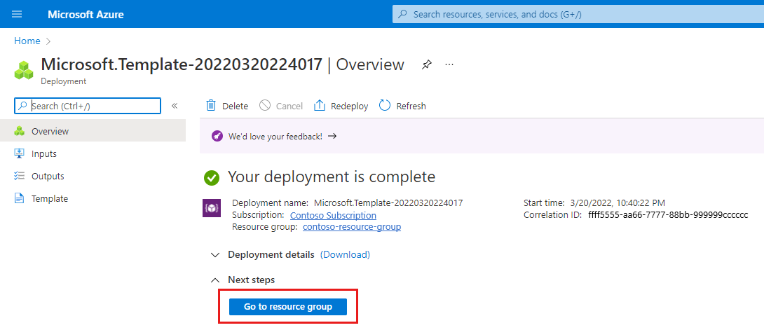 Screenshot of the Azure portal showing a deployment confirmation for the ARM template.