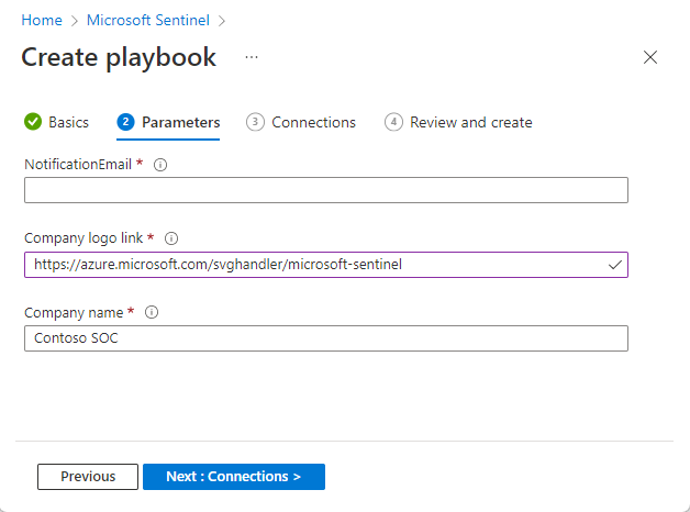 Screenshot of the Playbook creation wizard, parameters tab.