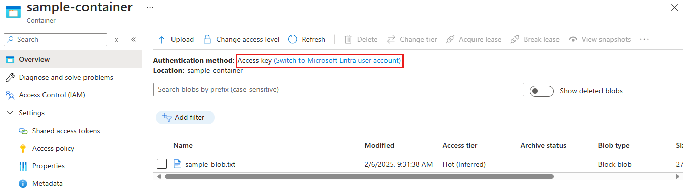 Screenshot showing user currently accessing containers with the account key