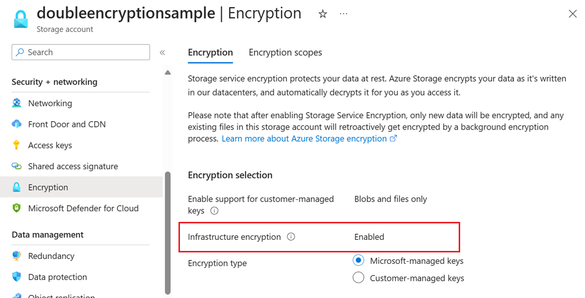 Screenshot showing how to verify that infrastructure encryption is enabled for account.