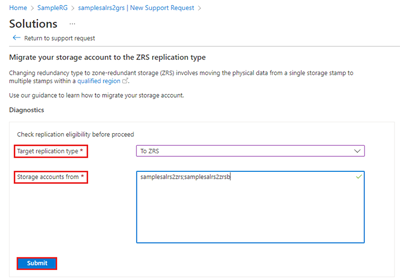 Screenshot showing how to check the eligibility of your storage accounts for conversion - Solutions page.