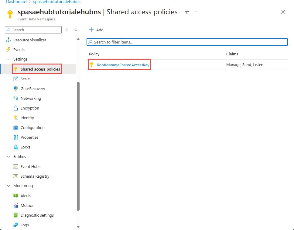 Screenshot that shows the Shared access policies page.