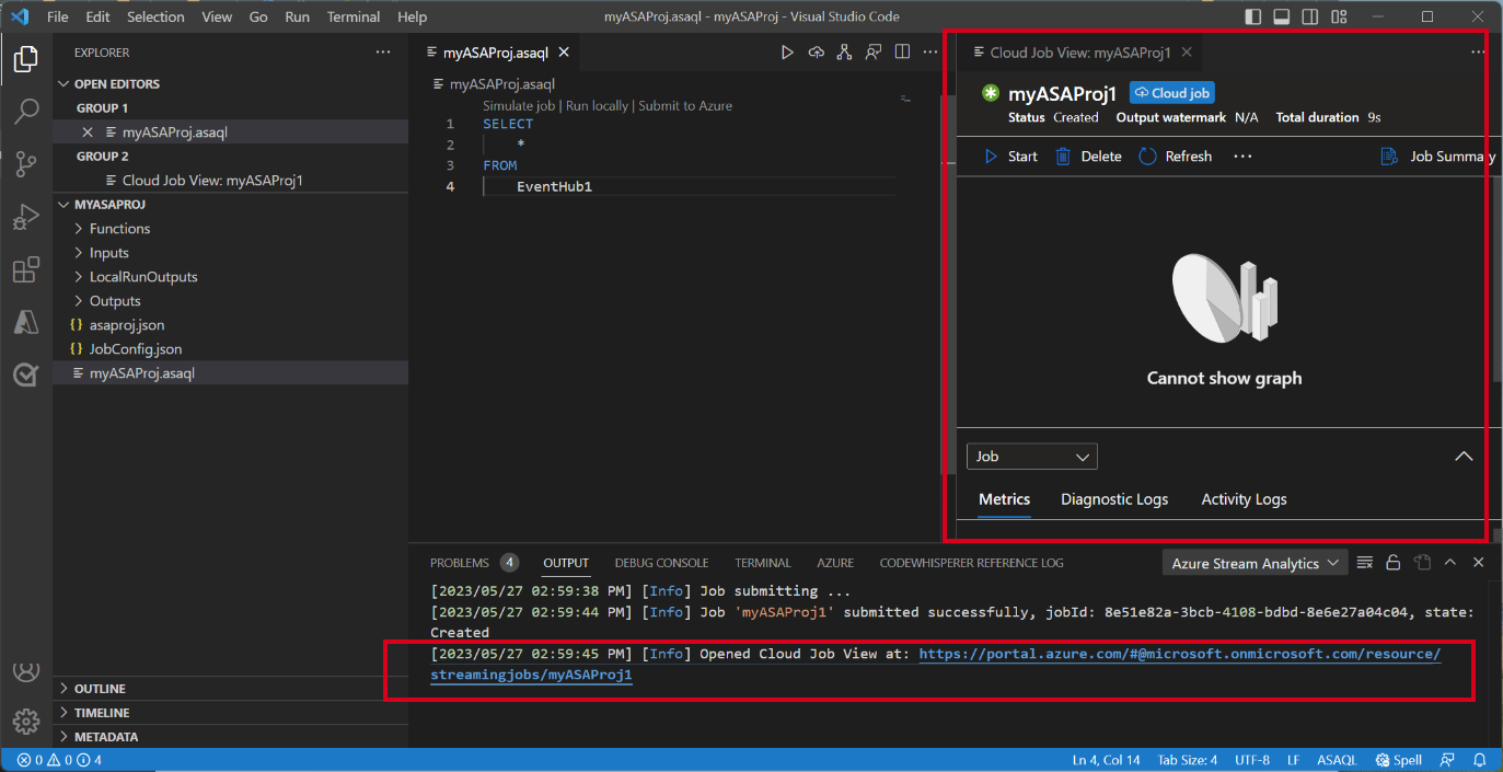 Screenshot of VSCode extension showing cloud view job.