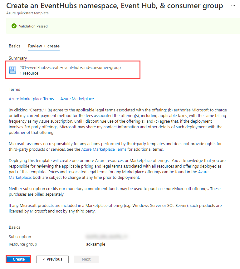Screen shot of Azure portal for reviewing and creating Event Hubs namespace, Event Hubs, and consumer group.