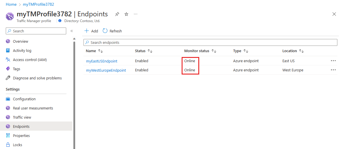 Screenshot of viewing a Traffic Manager endpoint status.