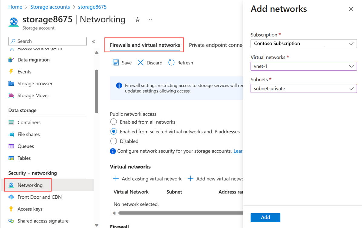 Screenshot of restriction of storage account to the subnet and virtual network created previously.