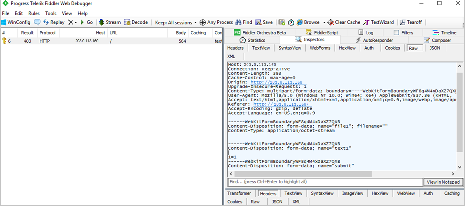 Screenshot of the Progress Telerik Fiddler Web Debugger. In the Raw tab, 1 = 1 is visible after the name text1.