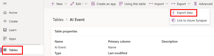 ภาพหน้าจอที่แสดงวิธีส่งออกข้อมูลจากตาราง Dataverse