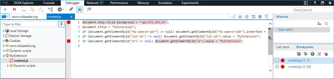 f12 with content script being debugged