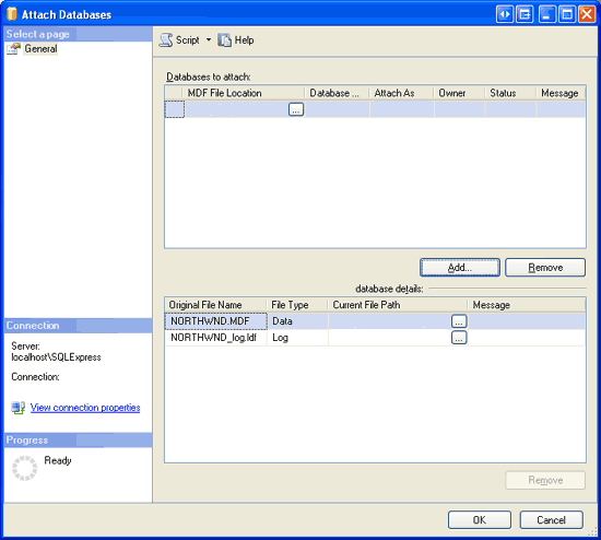 Screenshot of the Attach Databases window showing how to attach to a database MDF file.