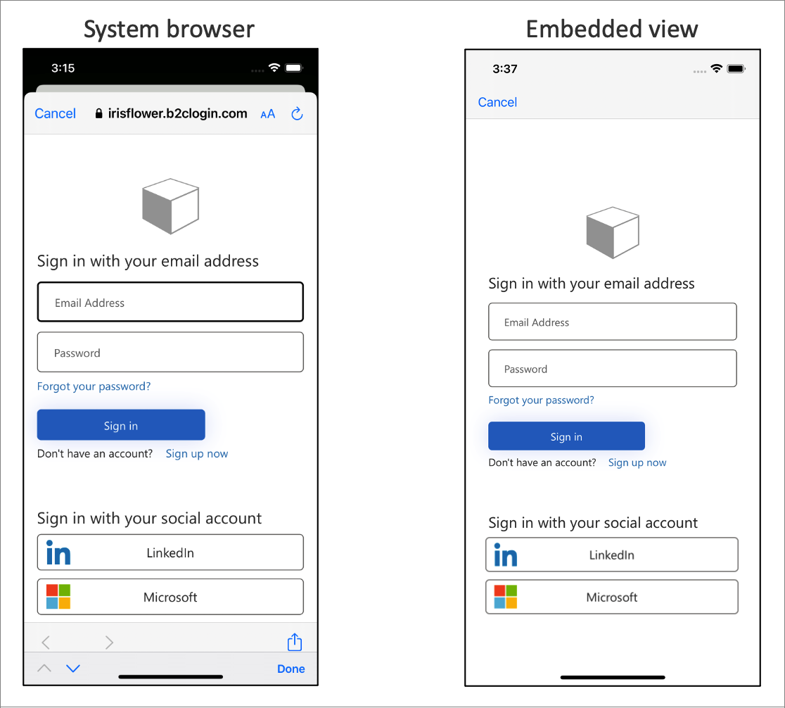 Screenshot demonstrating the difference between the system web view experience and the embedded web view experience.