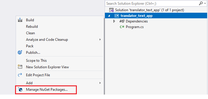 Screenshot of the NuGet package search box.