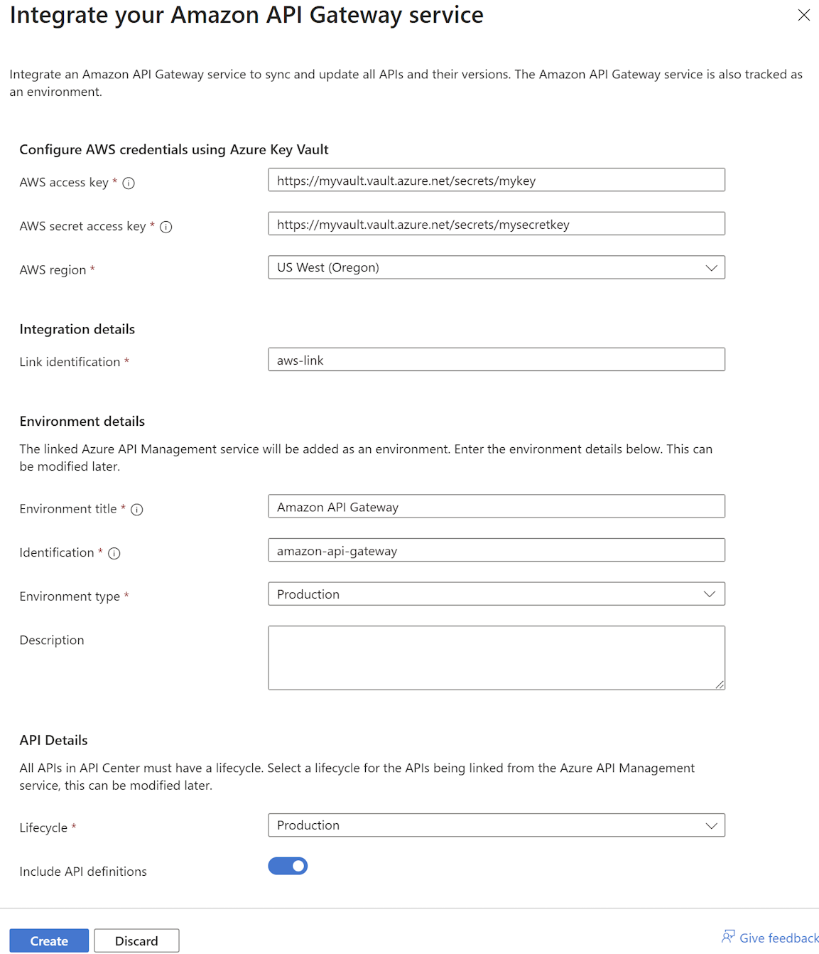 Screenshot of integrating an Amazon API Gateway service in the portal.