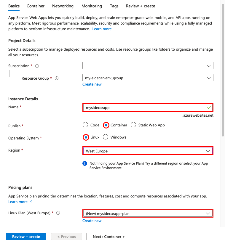 Screenshot showing the web app create wizard and settings for a Linux custom container app highlighted.