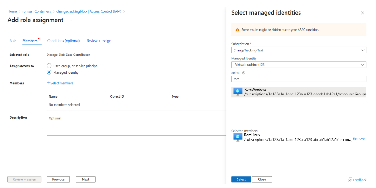 Screenshot of assigning the role to VM.