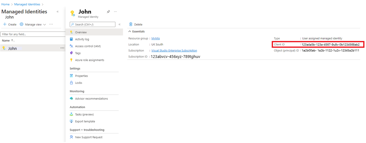 Screenshot of client id in Managed Identities.
