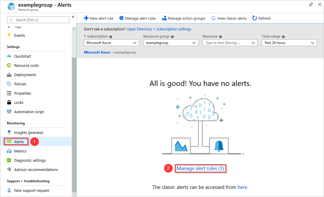 Screenshot of Alerts page, showing selection of Manage alert rules