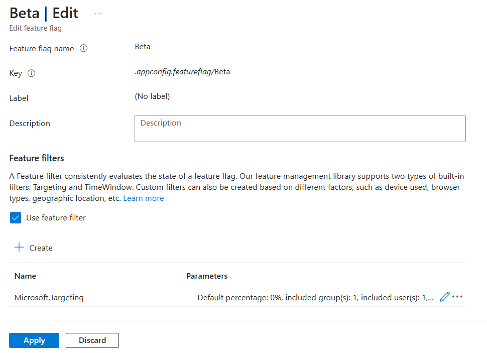 Screenshot of the Azure portal, applying new targeting filter.