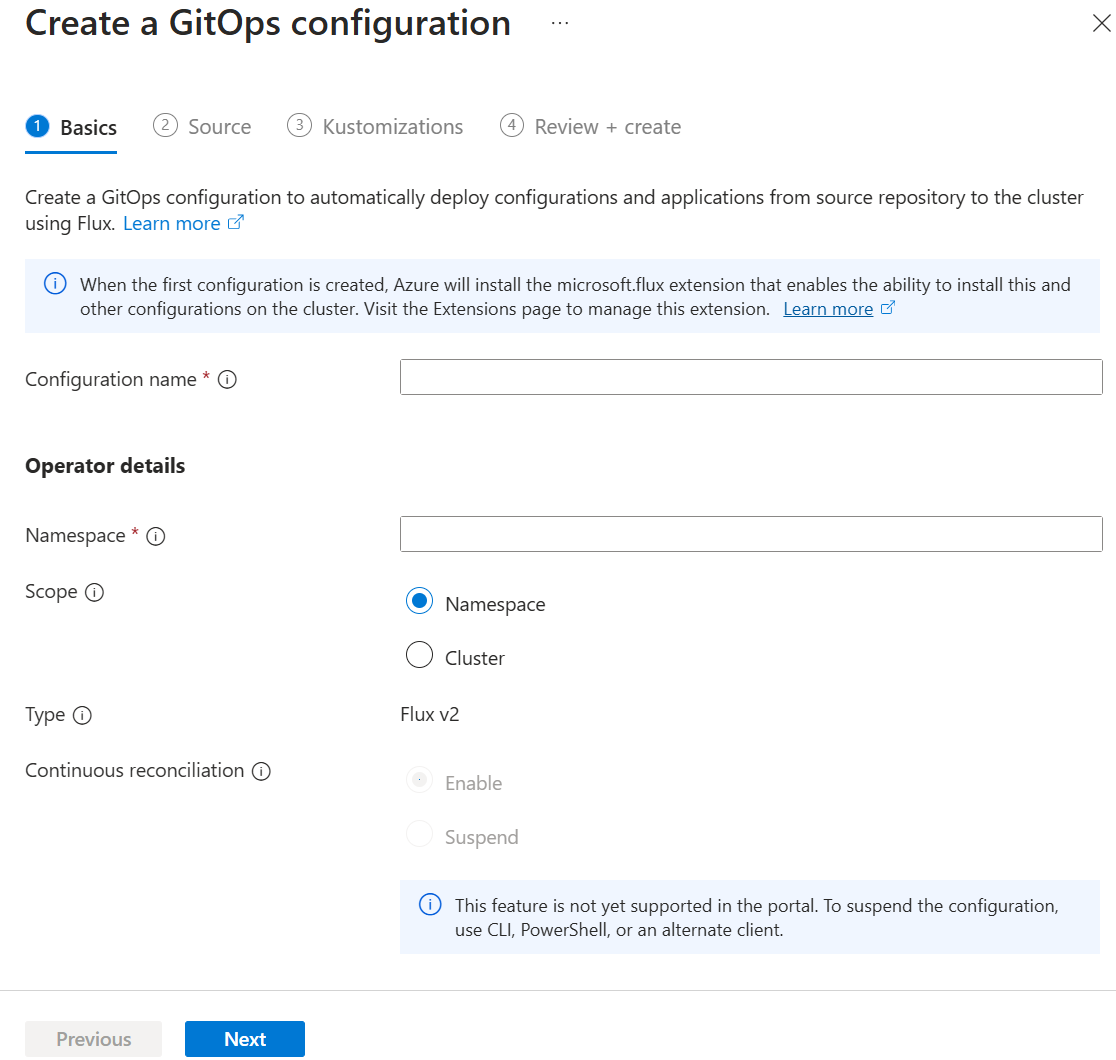 Screenshot showing the Basics options for a GitOps configuration in the Azure portal.