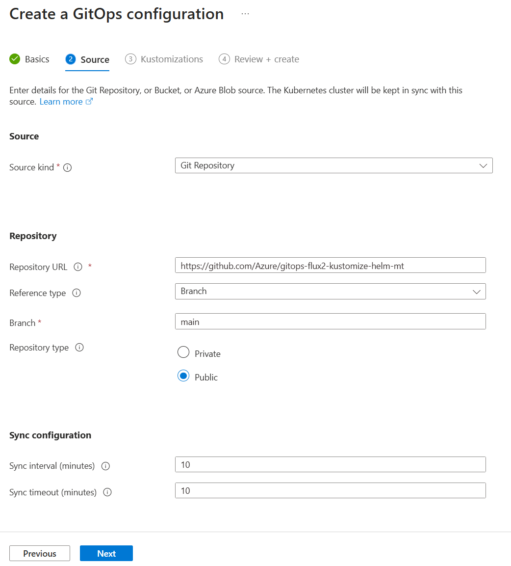 Screenshow showing the Source options for a GitOps configuration in the Azure portal.