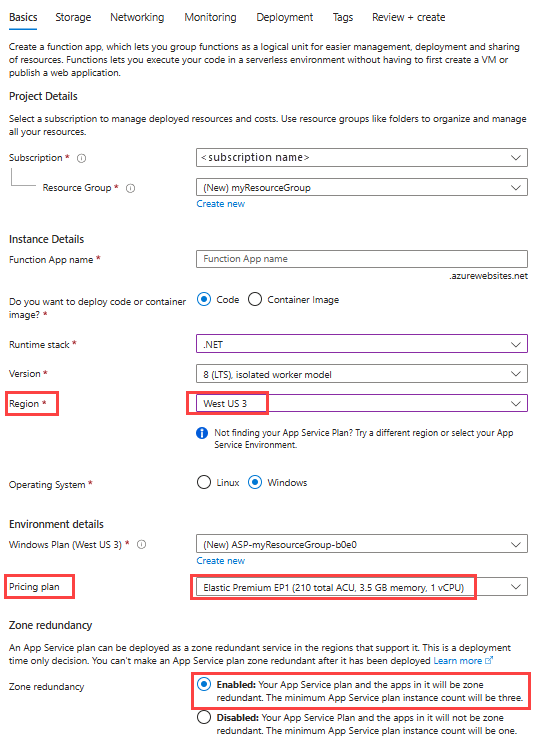 Screenshot of the Basics tab of the function app create page.