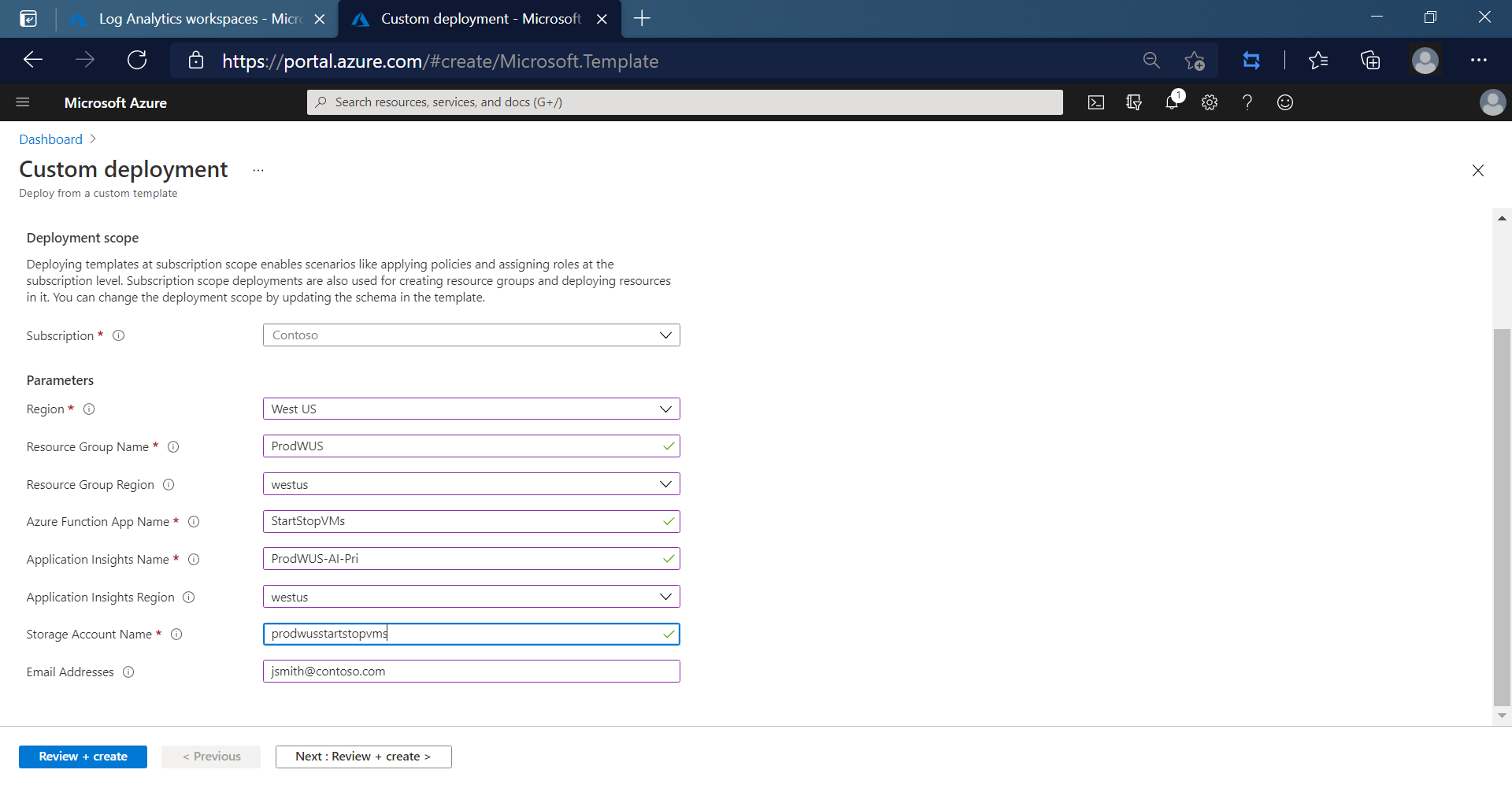 Start/Stop VMs template deployment configuration