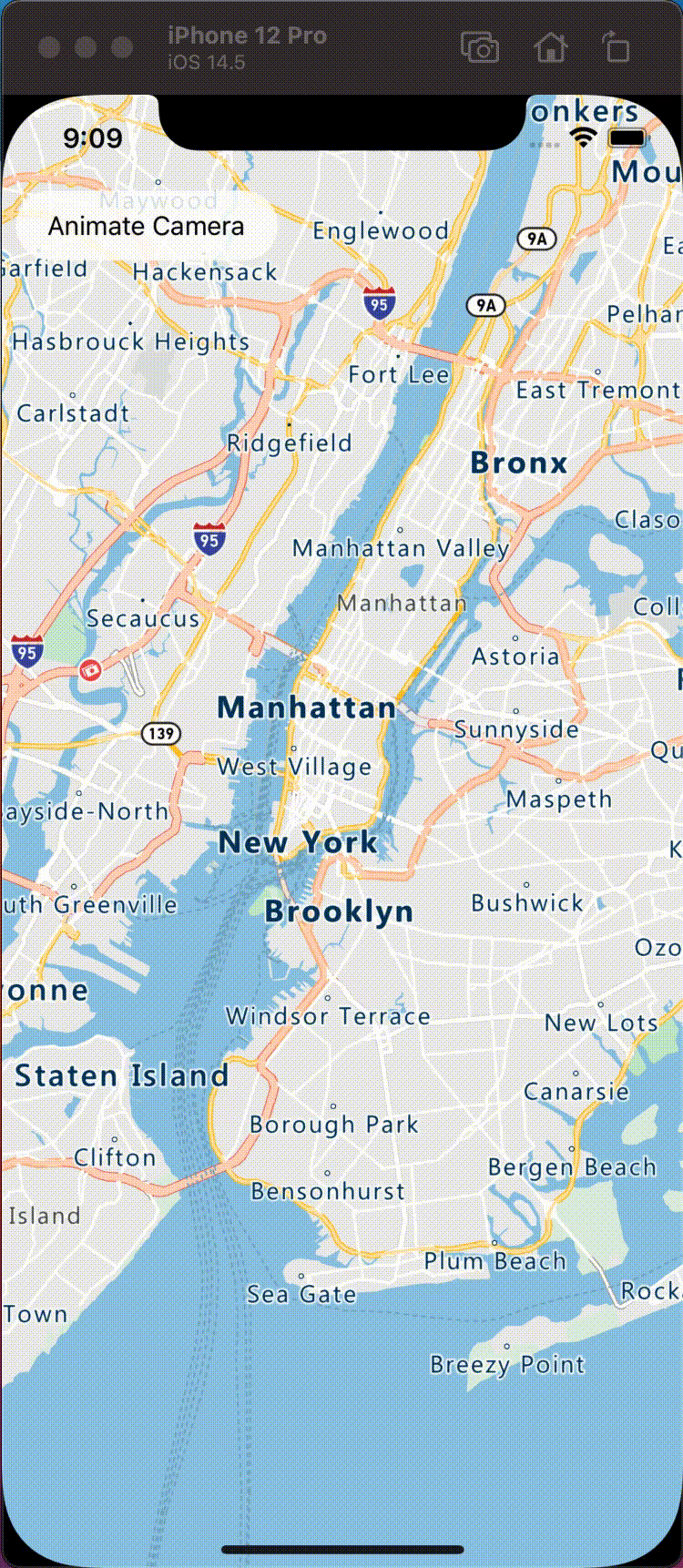 Map animating the camera from New York to Seattle.