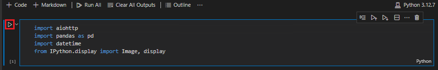 A screenshot showing how to download the first cell in the Notebook containing the required import statements with the run button highlighted.