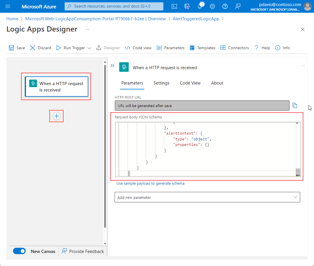 Screenshot that shows the Parameters tab for the When an HTTP request is received pane.