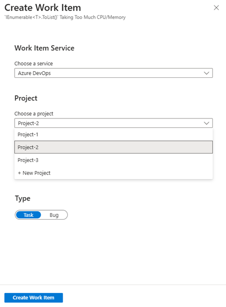 Screenshot of the options for creating an issue using Azure DevOps.