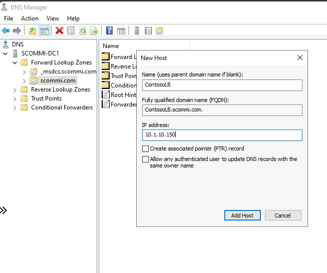 Screenshot that shows host information in DNS Manager.