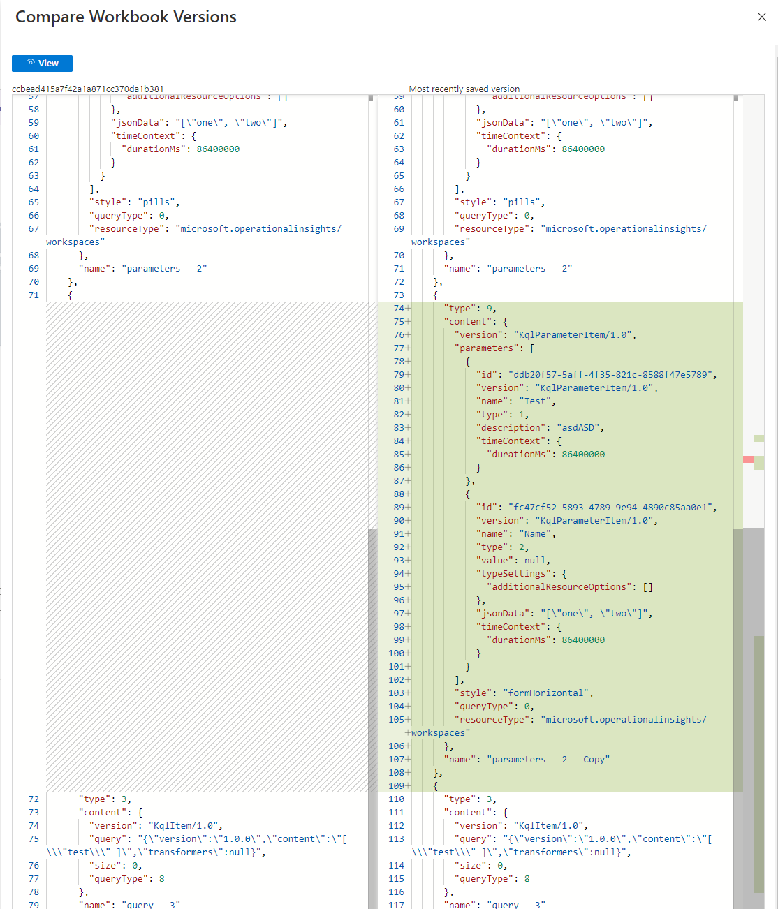 Screenshot that shows version comparison in the Compare Workbook Versions screen.