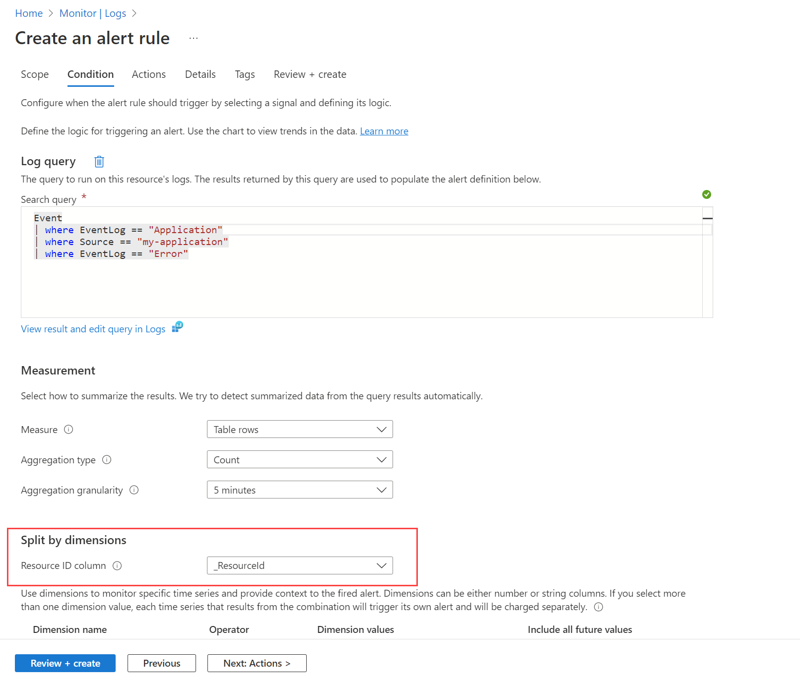 Screenshot that shows a new log search alert rule with split by dimensions.