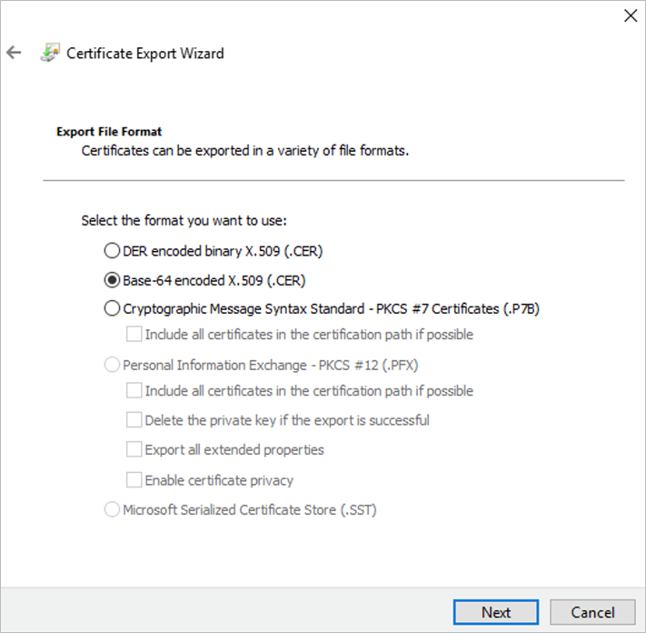 Screenshot of the Certificate Export Wizard.