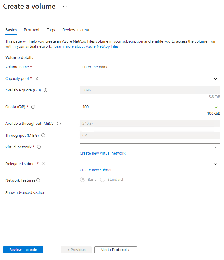 Screenshot that shows volume creation for Basic network features.