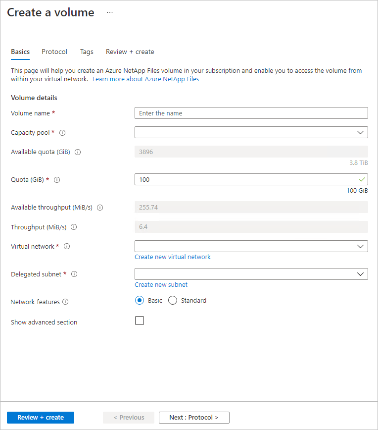 Screenshot that shows volume creation for Standard network features.