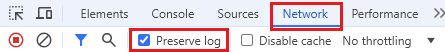 Screenshot that highlights the Preserve log option on the Network tab in Chrome.