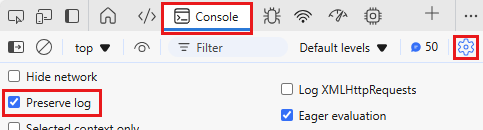 Screenshot that highlights the Preserve log option on the Console tab in Edge.