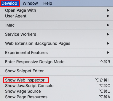 Screenshot of the Show Web Inspector option on the Safari Develop menu.