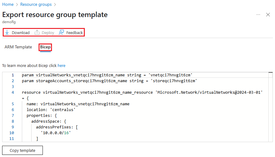 Screenshot of the displayed exported Bicep file in Azure portal.
