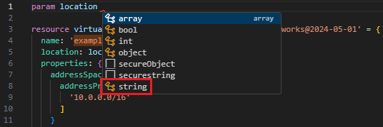 Screenshot of adding string type to parameter.