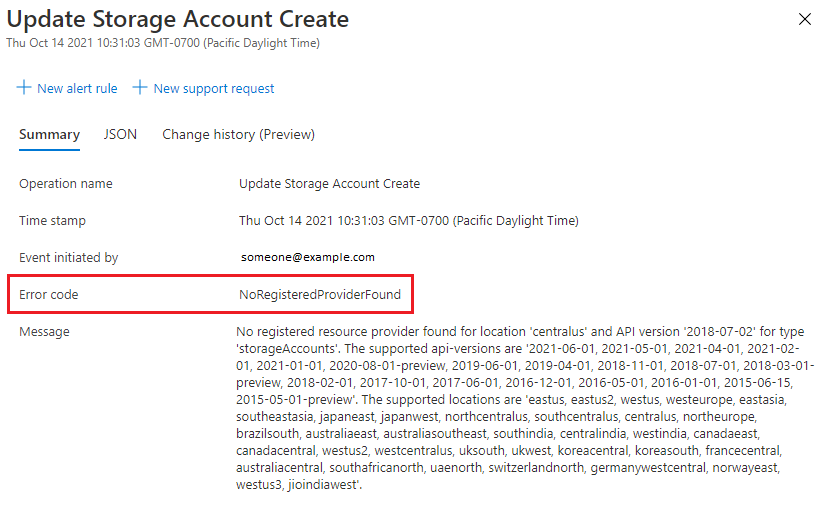 Screenshot of the activity log details in the Azure portal, showing a failed deployment's error message and operation details.