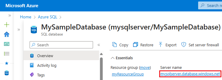 Screenshot to open the server for a single database in the Azure portal.