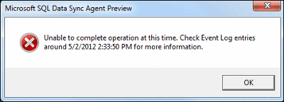 Screenshot of Sync Error dialog box - Can't submit agent key.