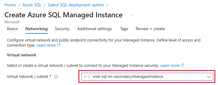 Screenshot highlighting the network you created to use with your secondary instance in the Azure portal. 