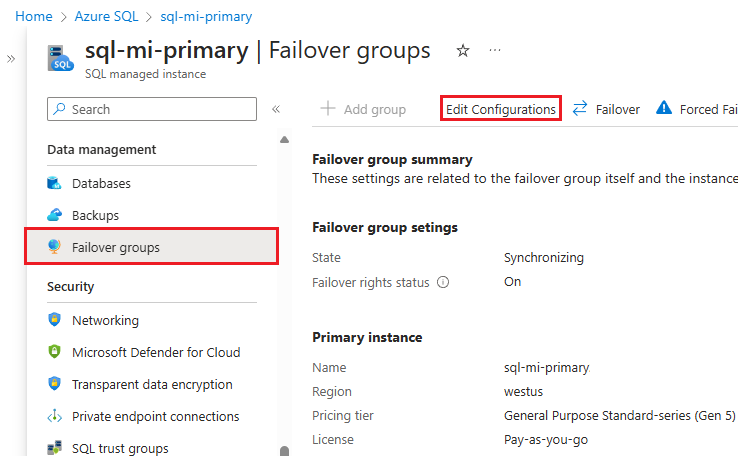 Screenshot of the failover group pane in the Azure portal with Edit Configurations highlighted.