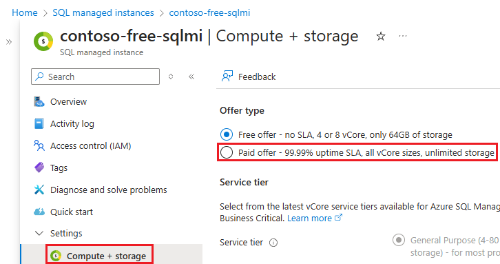 Screenshot of the paid offer selected on the compute + storage page for your instance in the Azure portal.