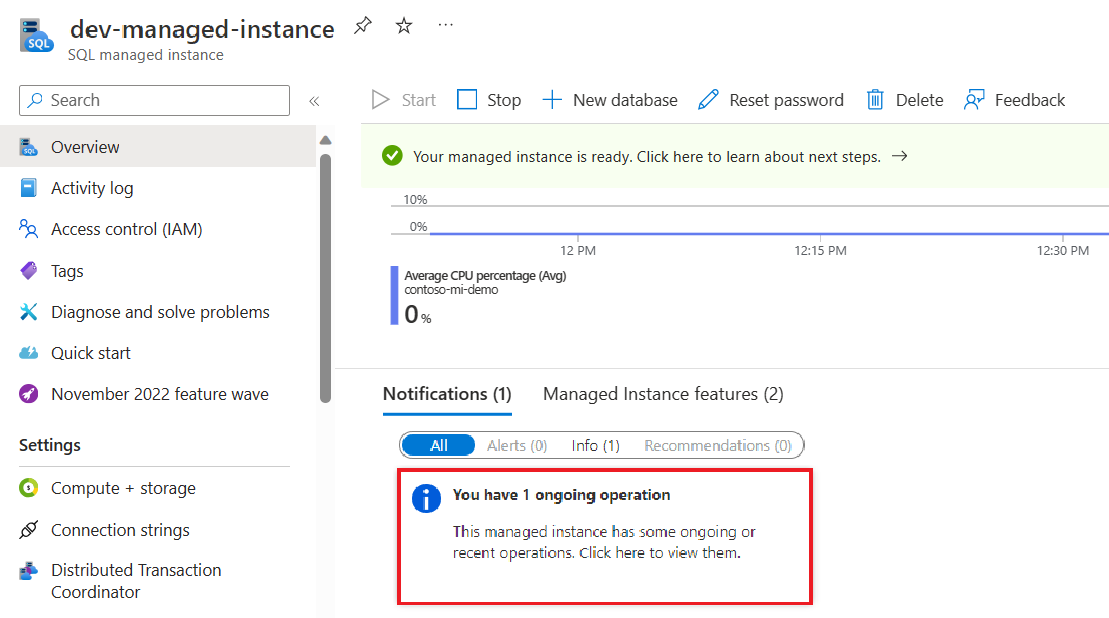 Select the ongoing operation box to open the ongoing operation page.