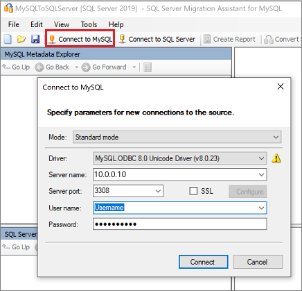 Screenshot of the "Connect to MySQL" pane for specifying connections to the source.