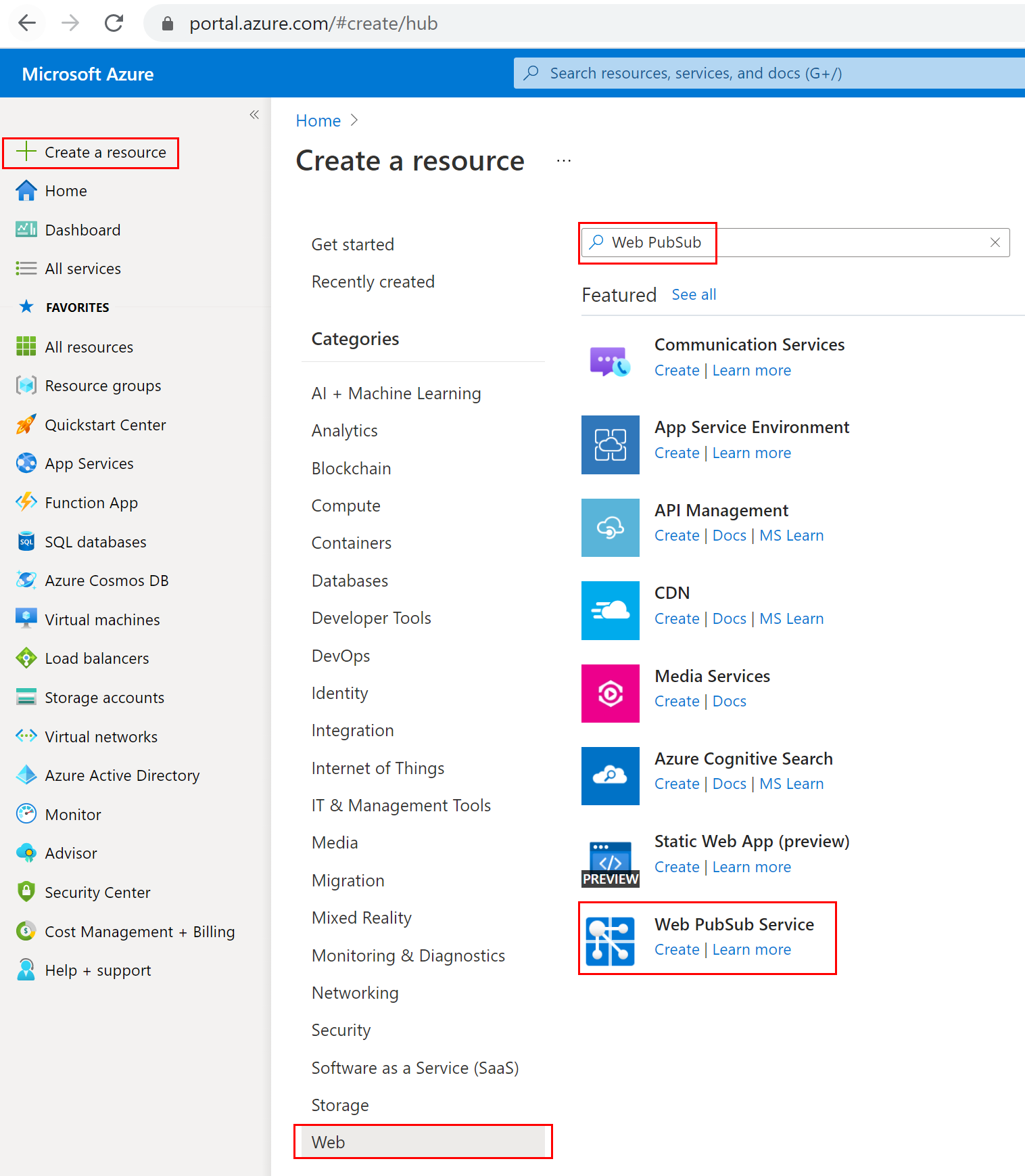 Screenshot of searching the Azure Web PubSub in portal.